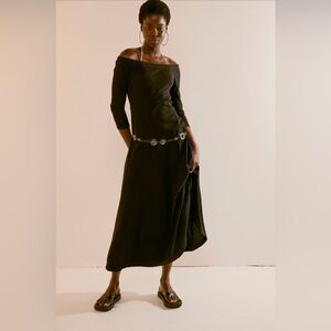 Free People Carrie Midi Dress Black XS NWT Off Shoulder Solid X-Small FP Beach